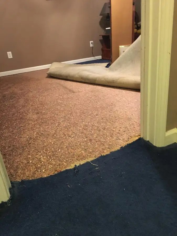 Carpet pad removal revealing water damage during Drying & Dehumidification in Herrin